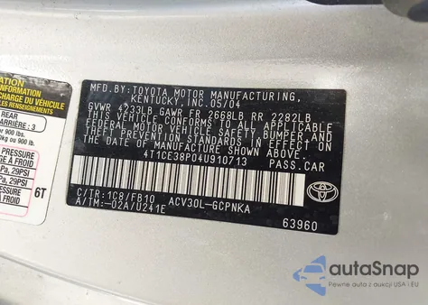 2004 Toyota Camry Solara Se z USA, uszkodzony, nr VIN 4T1CE38P04U910713